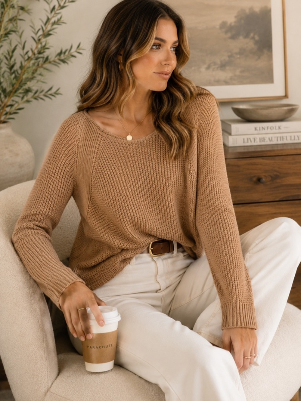 Vince 100% Cotton Waffle Knit Sweater Tan Camel Lightweight Pullover L